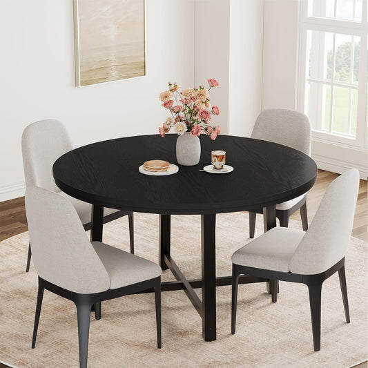 47" round Dining Table for 4, Kitchen Dining Room Table with Sturdy Metal Frame, Wood Circle Kitchen Table for Space Saving -Black