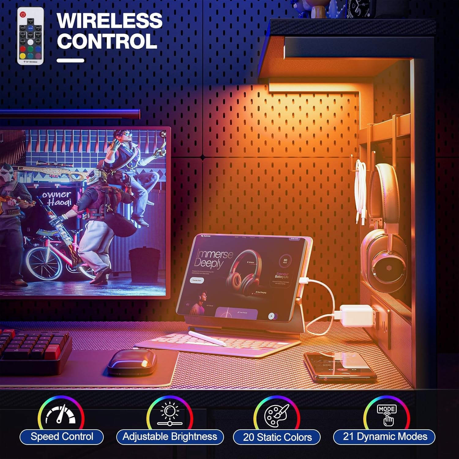 Gaming Desk 47 Inch with Power Outlet and LED Light, Computer Desk with Reversible Shelves and Storage Drawer, Pc Small Desk for Home Office Table with Bag, Carbon Fiber Black