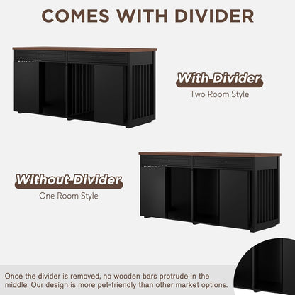 Furniture Style Dog Crate - Indoor Wooden Dog Kennel Furniture with 2 Drawers & Room Divider - 72" L X 23.6" W X 34" H - Black
