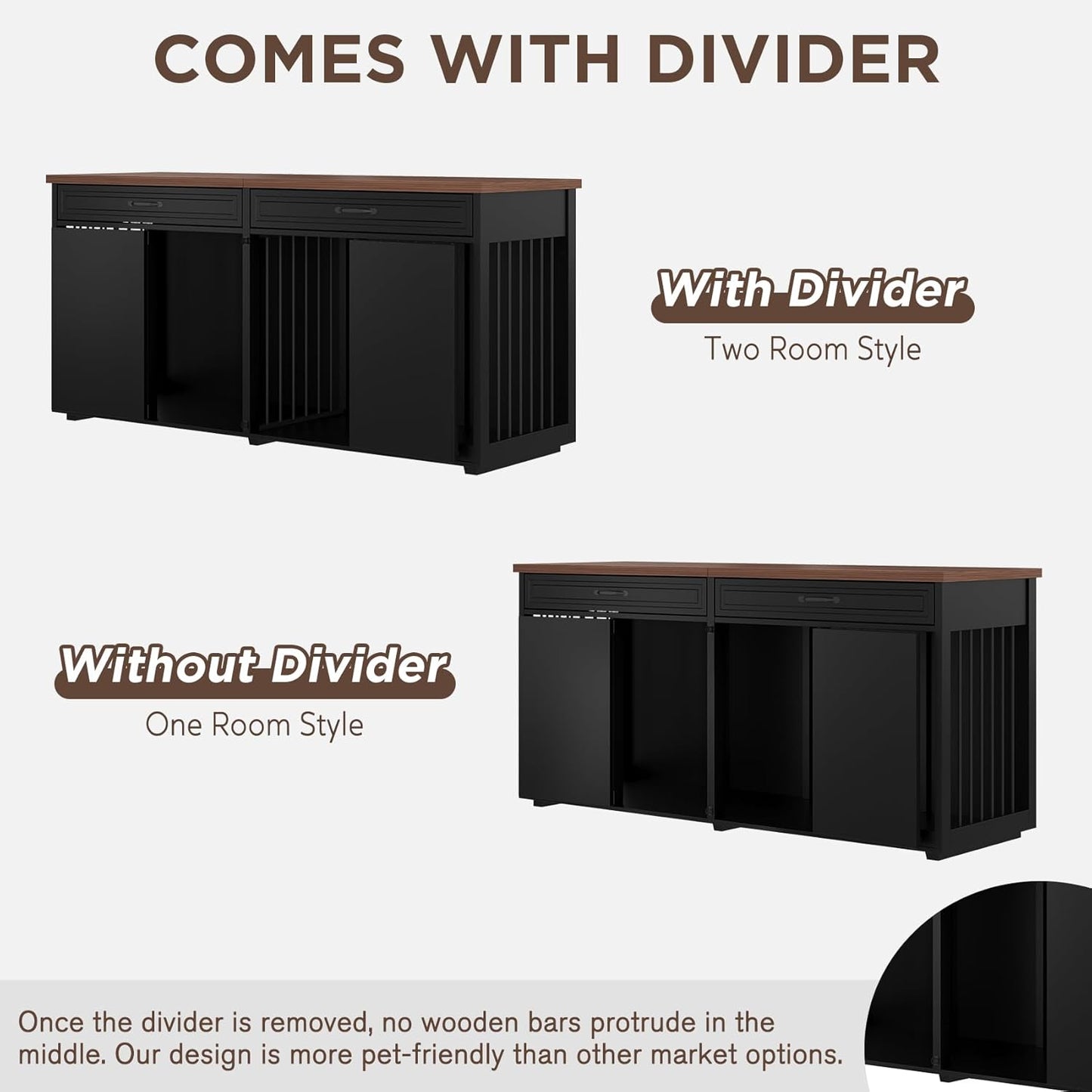 Furniture Style Dog Crate - Indoor Wooden Dog Kennel Furniture with 2 Drawers & Room Divider - 72" L X 23.6" W X 34" H - White