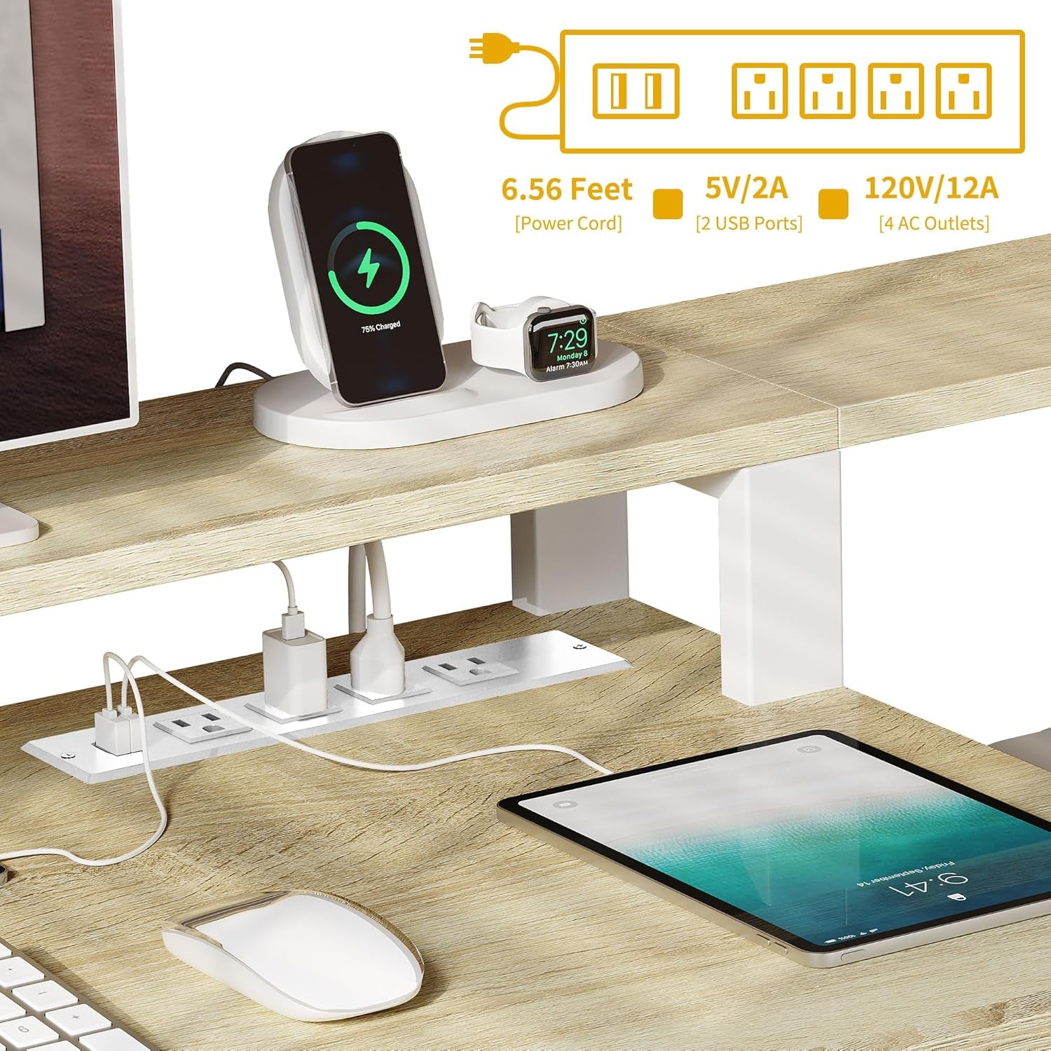 L Shaped Desk with Drawers, 65" Computer Desk with Power Outlets & LED Lights, Corner Home Office Desk with Storage Shelves & Printer Stand, White & Oak