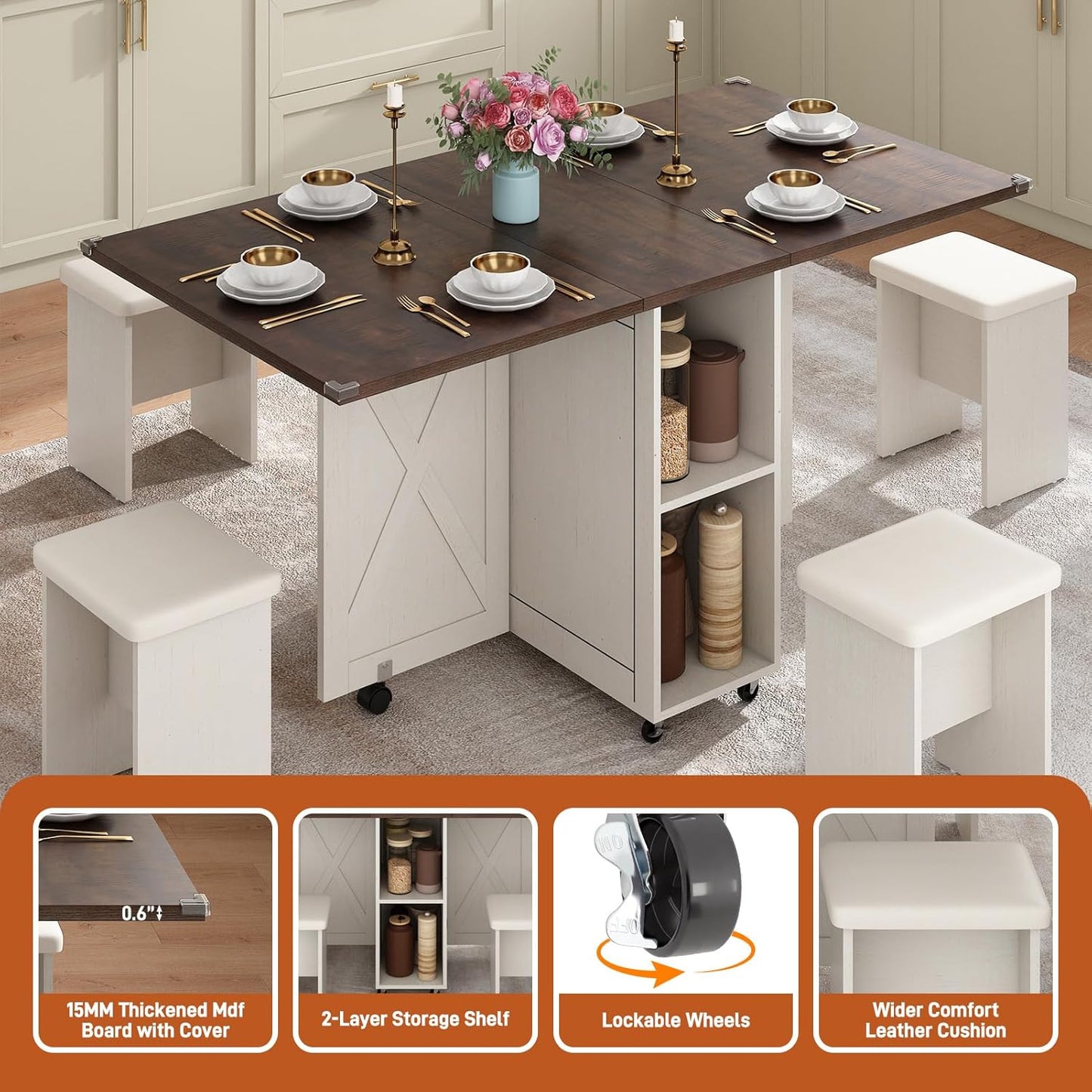 5 PCS Farmhouse Dining Table Set for 4,60" Large Folding Dining Table Set W/ 4 Leather Chairs, Drop Leaf Foldable Kitchen Table for Small Spaces,Barn Door Design,6 Wheels,2-Layer Storage Shelf,Brown