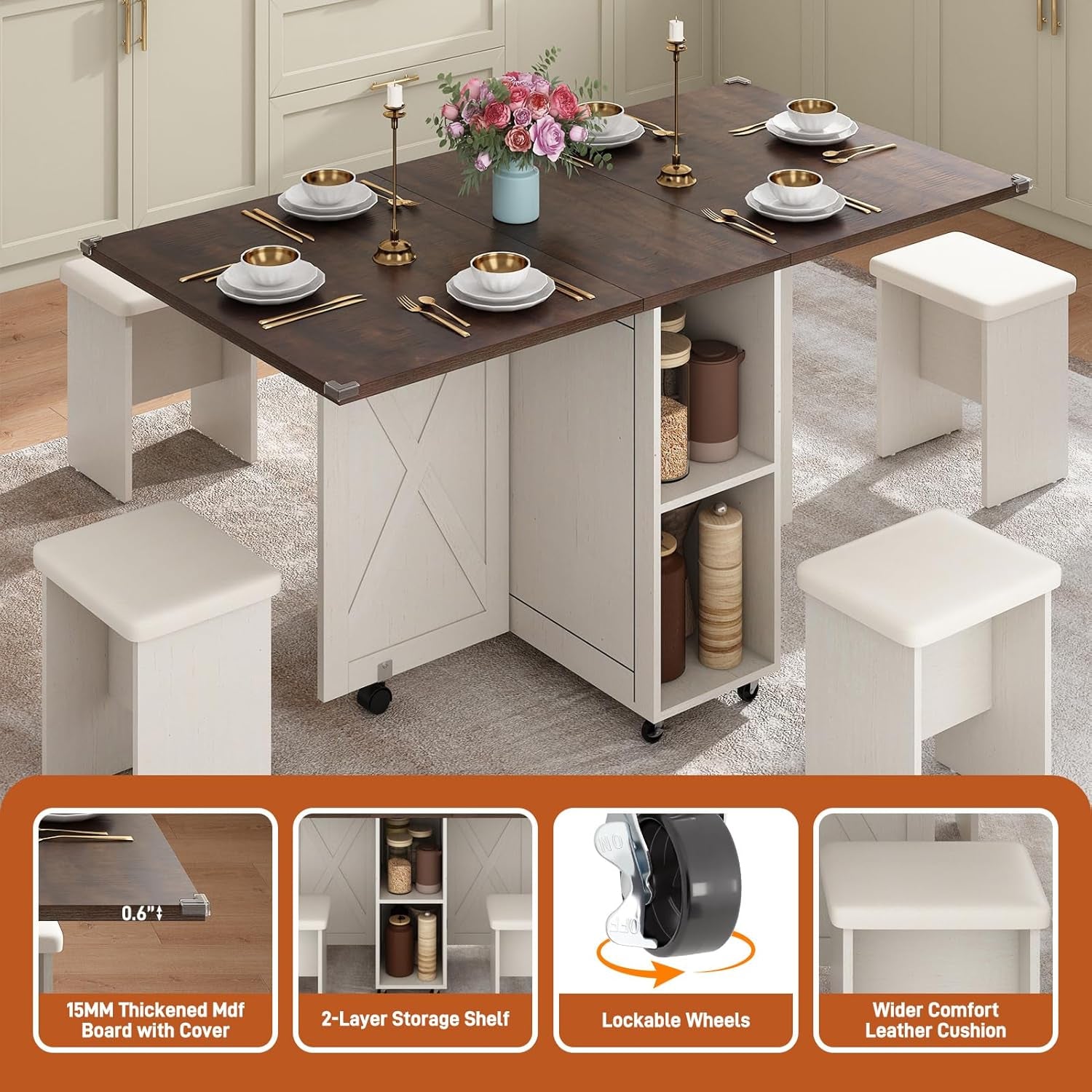 5 PCS Farmhouse Dining Table Set for 4,60" Large Folding Dining Table Set W/ 4 Leather Chairs, Drop Leaf Foldable Kitchen Table for Small Spaces,Barn Door Design,6 Wheels,2-Layer Storage Shelf,Brown