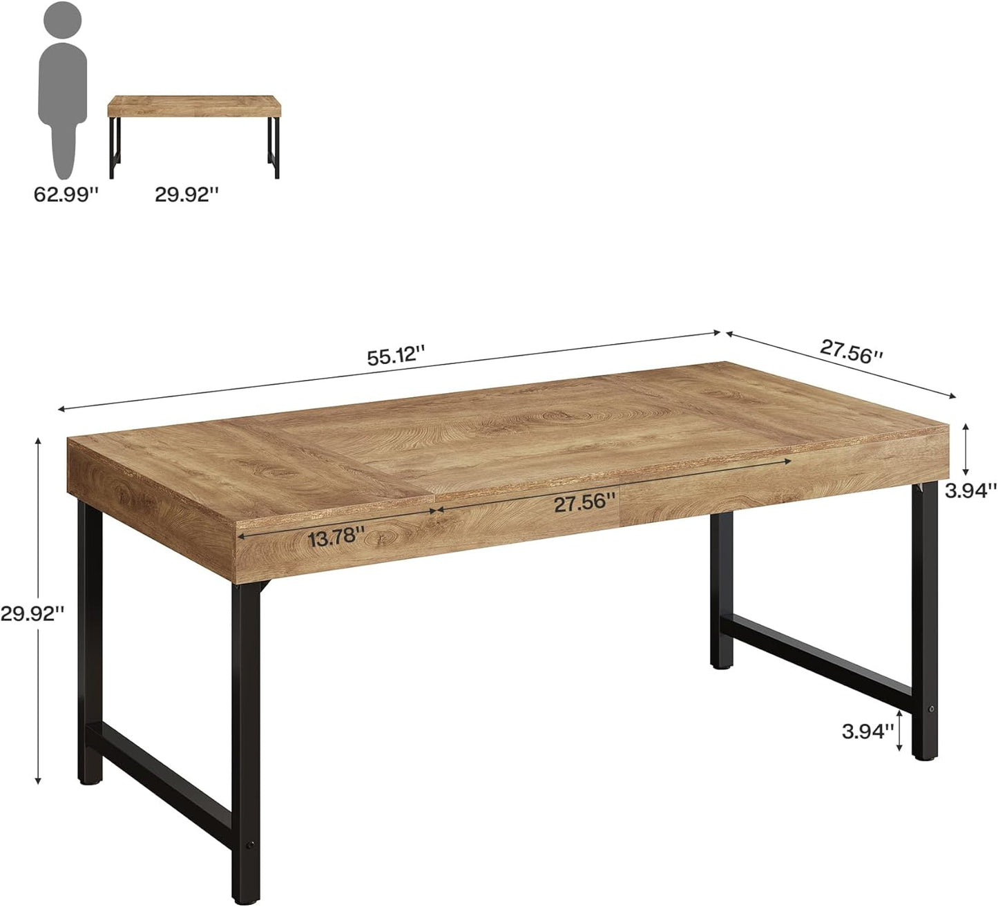 55" Industrial Executive Desk for Home Office, Rustic Simple Computer Laptop Desk with Strong Metal Legs, Study Writing Table Business Workstation, Small Conference Table