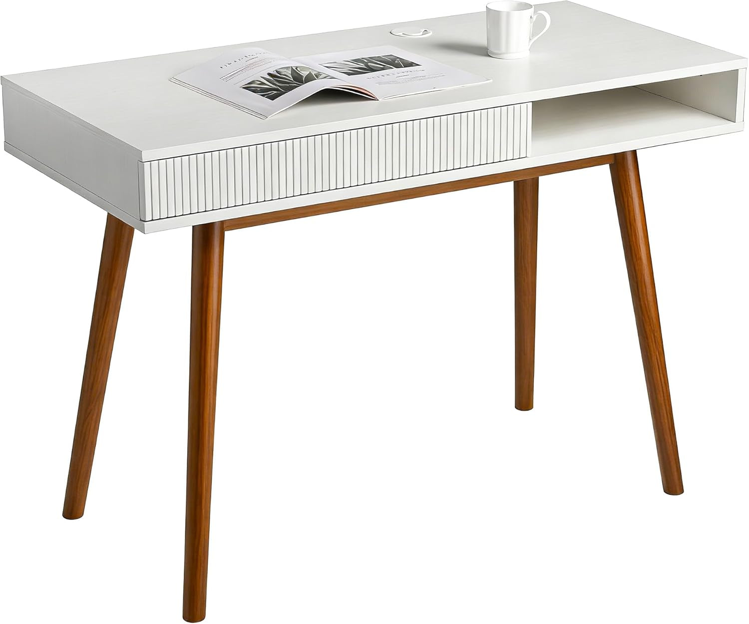 White Writing Desk with Drawers Mid Century Modern Desk, Wood Office Computer Desks for Small Space, White Desks with Walnut Legs