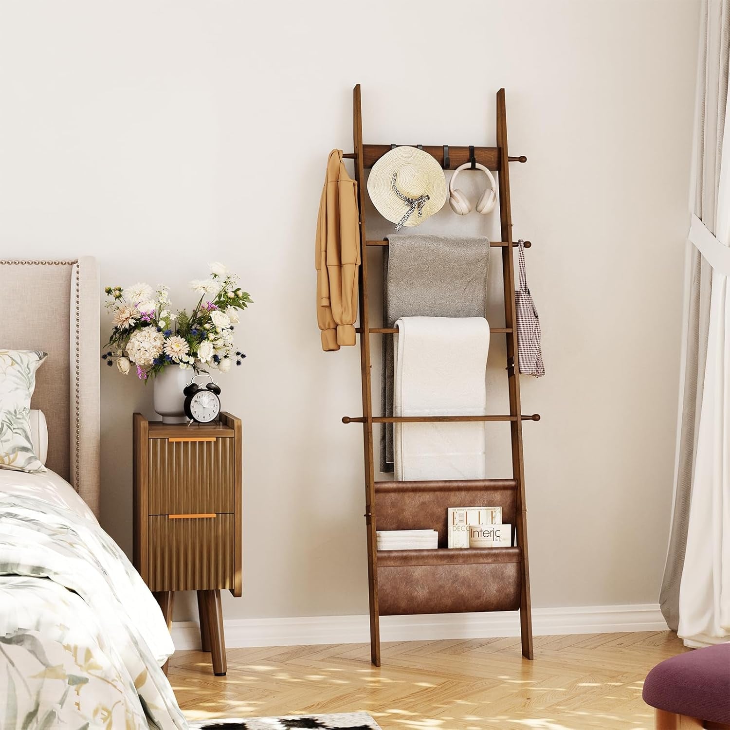 Blanket Ladder, 5-Tier Farmhouse Wooden Rack with Synthetic Leather Pocket, 4 Removable Hooks, Decorative Leaning Ladder Shelf, Walnut