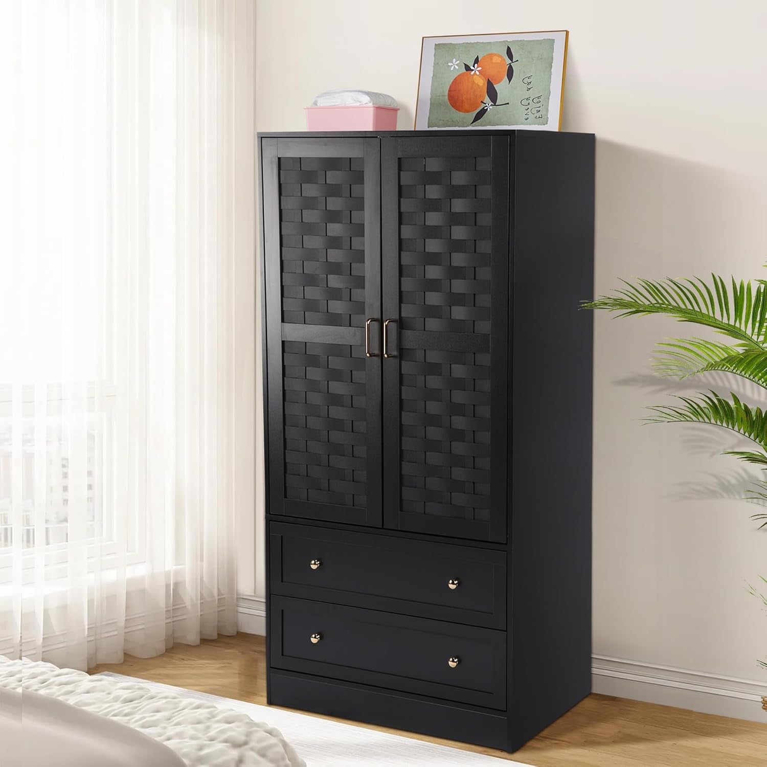 Armoire Wardrobe Closet with 2 Woven Doors, Wardrobe Cabinet with 2 Storage Drawers and Hanging Rail, Freestanding Wooden Closet for Bedroom (Black)