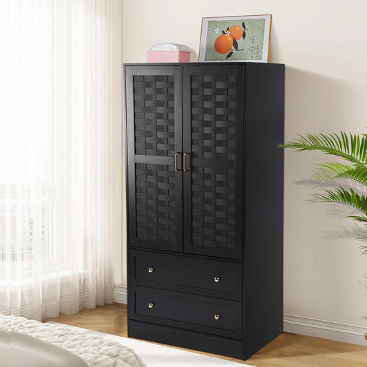 Armoire Wardrobe Closet with 2 Woven Doors, Wardrobe Cabinet with 2 Storage Drawers and Hanging Rail, Freestanding Wooden Closet for Bedroom (Black)