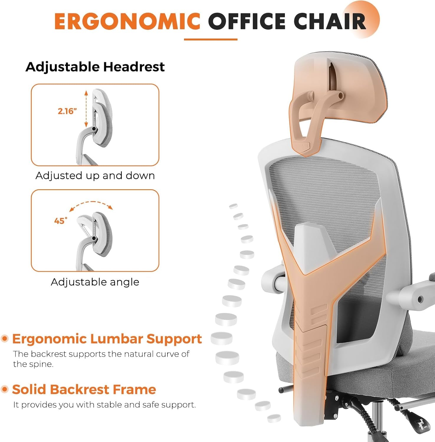 Office Computer Desk Chair with Footrest,Ergonomic High-Back Mesh Rolling Work Swivel Chairs with Wheels,Comfortable Lumbar Support,Comfy Arms for Home,Bedroom,Study,Student,Light Grey