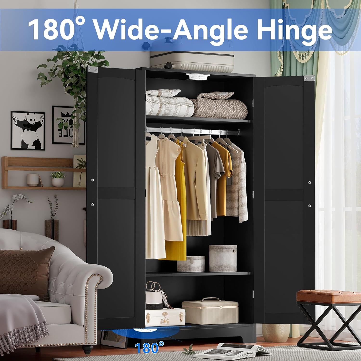 Wooden Armoire Wardrobe Closet, Wardrobe Cabinet with Door and Shelves, Freestanding Bedroom Armoires Clothing Storage Cabinet with Hanging Rod for Bedroom, Laundry Room, Cloak Room（Black）