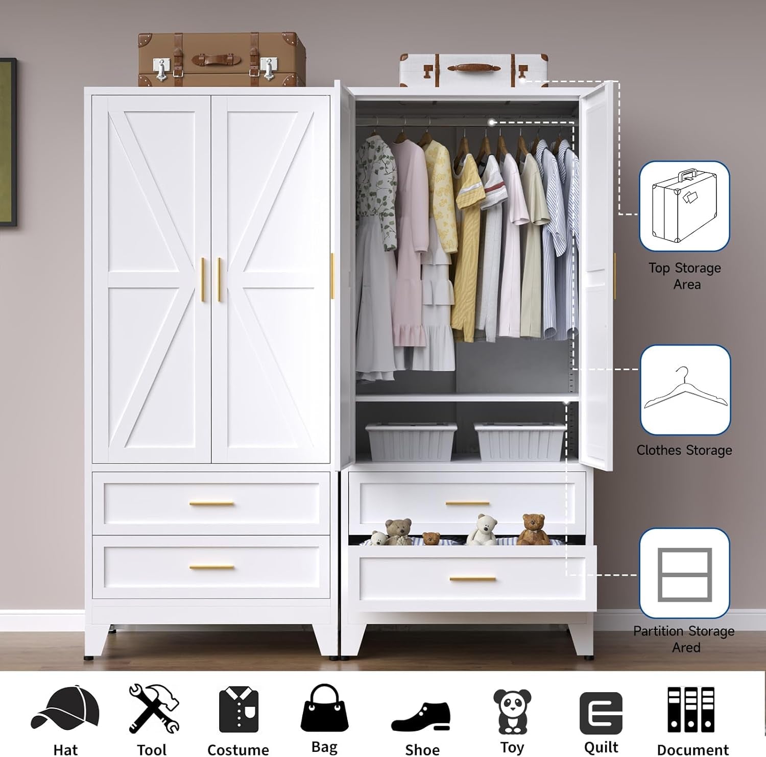 Steel Armoire Wardrobe Closet, 71" Metal Clothing Storage Cabinets with 2 Doors, 2 Drawers and 1 Adjustable Shelf, White Wardrobe Cabinet with Hanging Rod for Bedroom