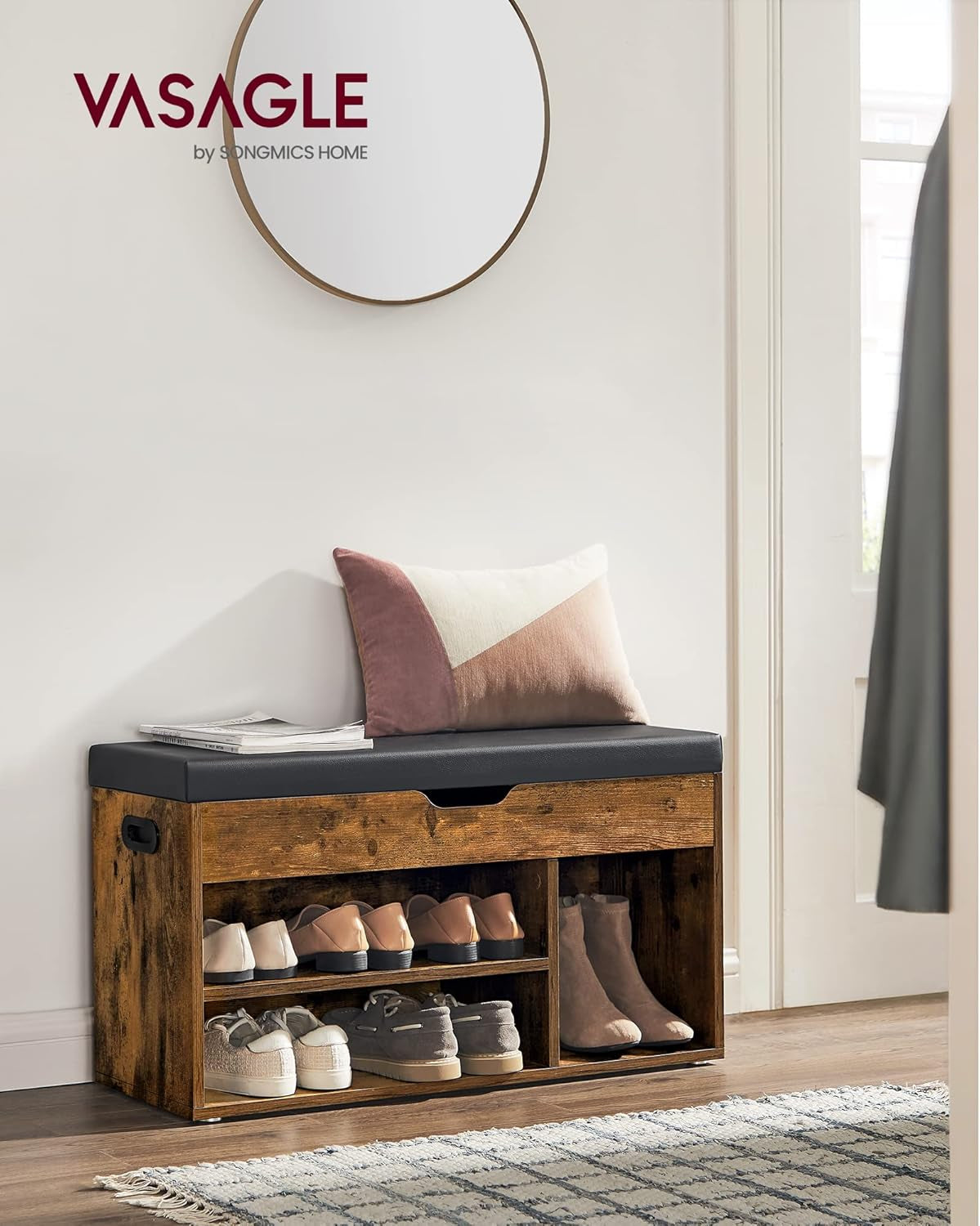 CUSTOS Collection - Storage Bench with Cushion, Shoe Bench, Padded Seat, Hidden Storage, Entryway, Hold up to 300 Lb, 11.8 X 31.5 X 17.3 Inches, Ebony Black and Ink Black ULHS030B03