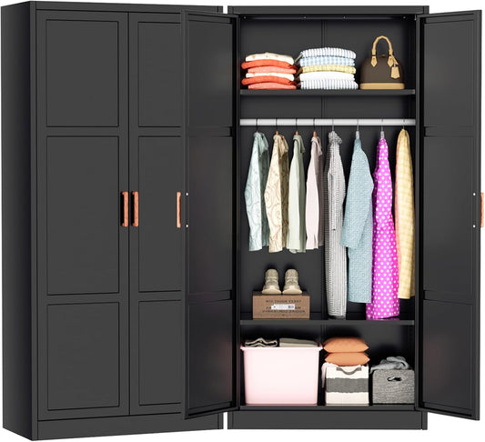 Metal Wardrobe Cabinet with Wooden Handle, 72" Black Metal Wardrobe Closet with Hanging Rods and Adjustable Shelves, Clothing Storage Closet Cabinet for Bedroom, Cloak Room, Laundry Room