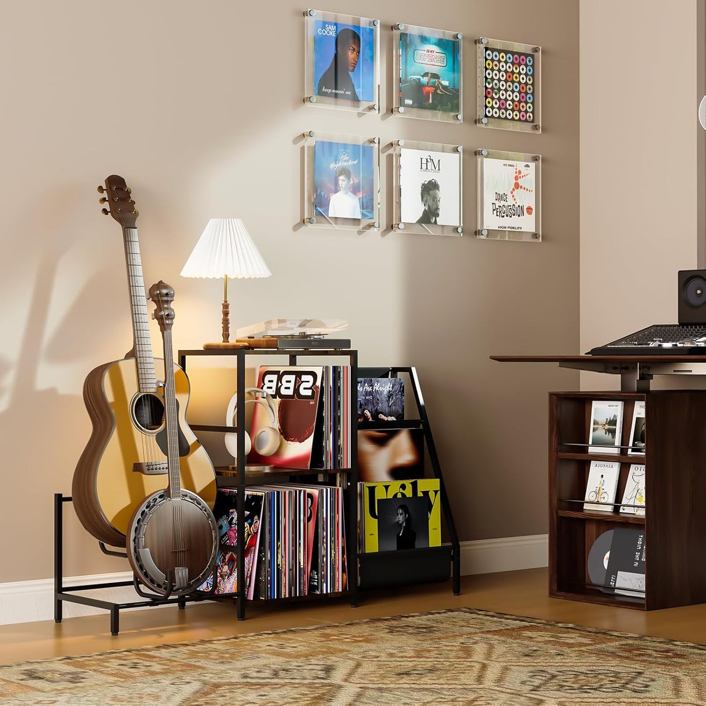 Record Player Stand with Guitar Rack, for Acoustic, Electric & Bass Guitars, 3 Tier Vinyl Record Storage up to 200 Albums, Record Shelf for Living Room and Bedroom