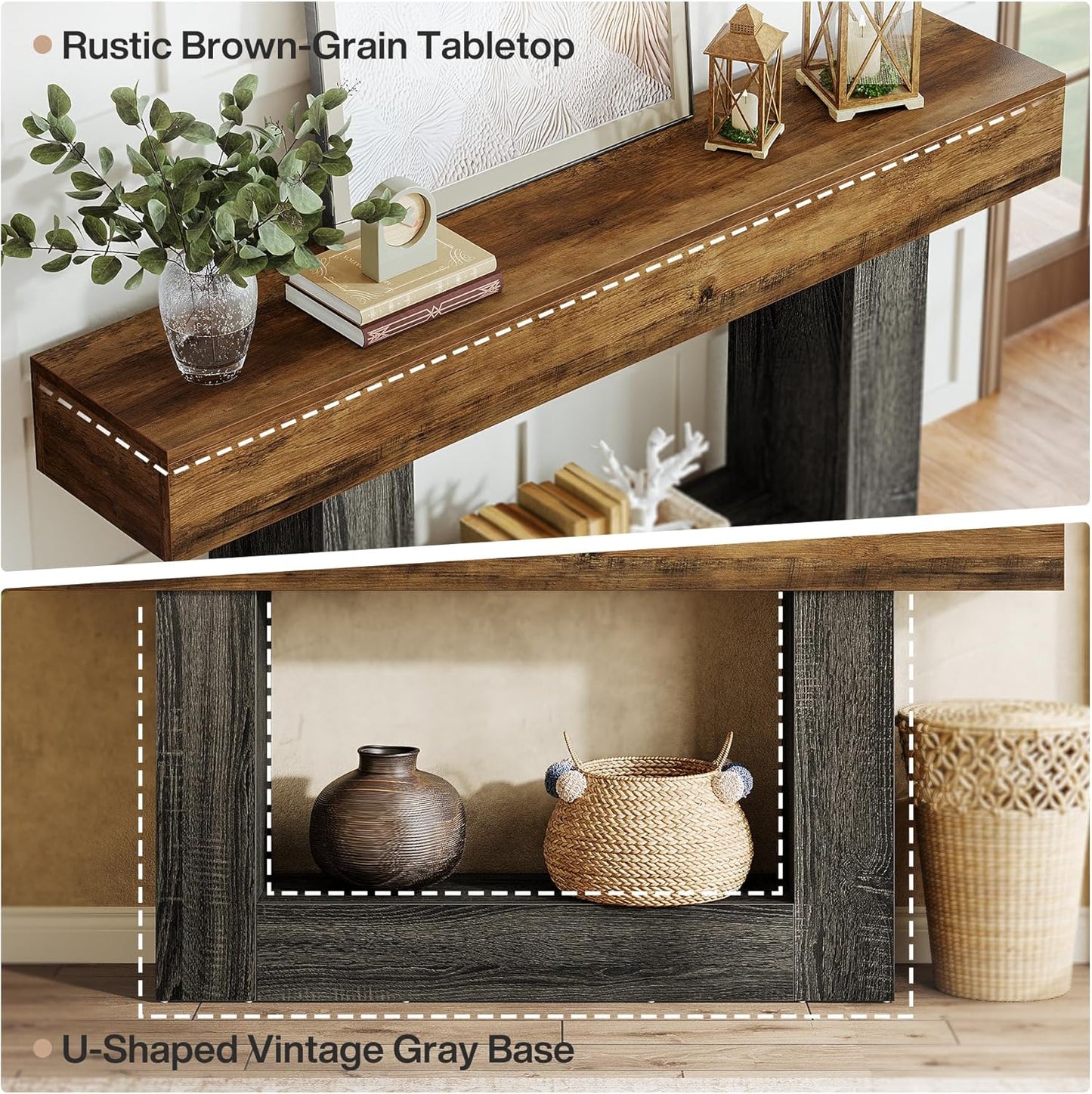 63-Inch Long Console Table, 2-Tier Entryway Table Sofa Table with Storage, Farmhouse Wood behind Couch Tables for Living Room, Hallway, Rustic Brown & Gray