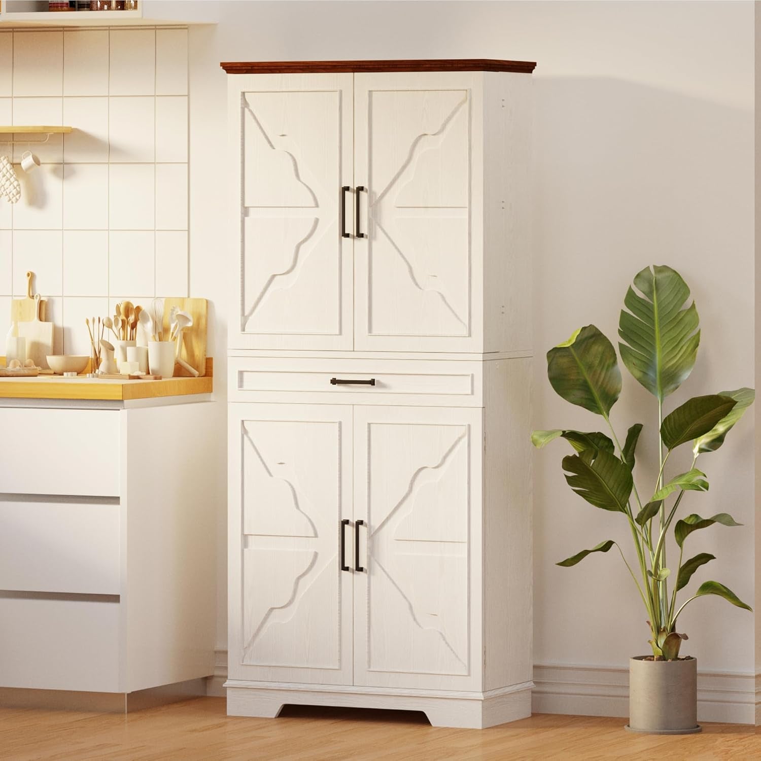 Farmhouse Kitchen Pantry Cabinet, 72" Height Tall Freestanding Cupboard with Sliding Storage Rack and 6 Hanging Shelves for Kitchen, Dining Room, White