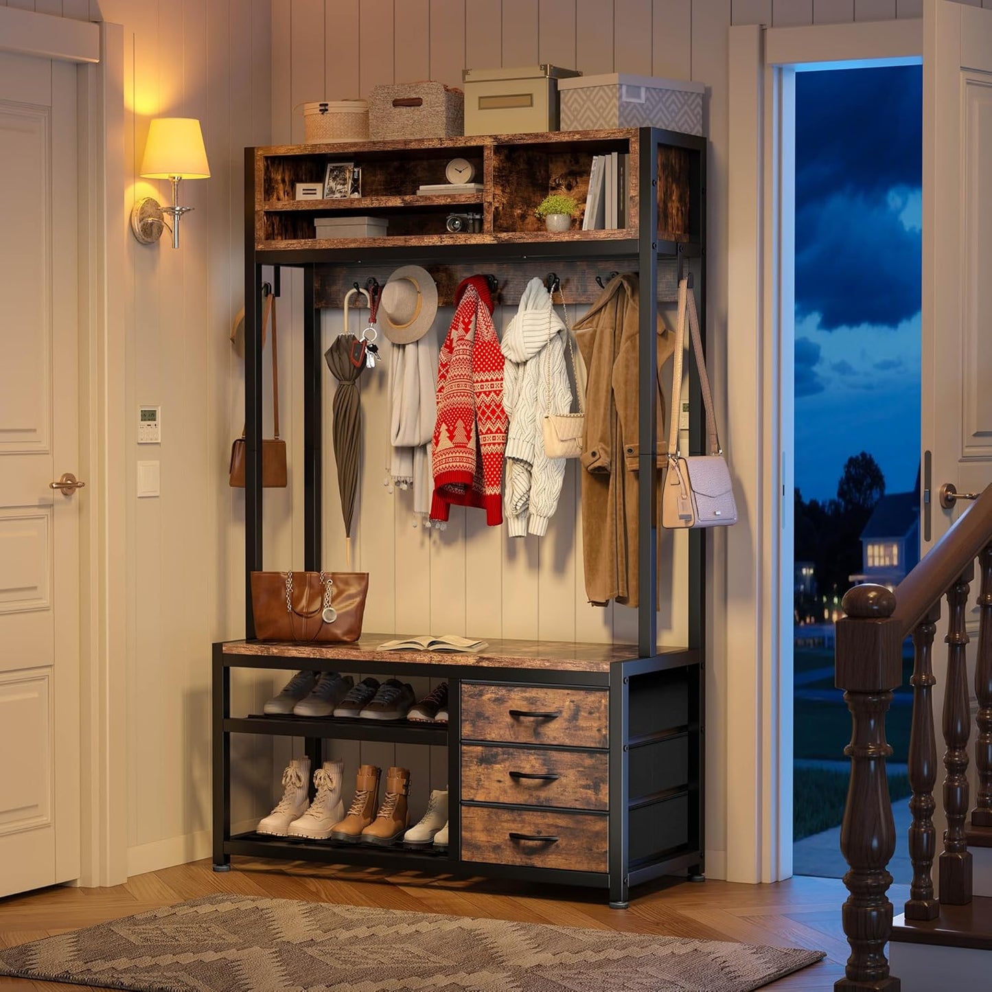 Hall Tree with Bench and Shoe Storage, Coat Rack Freestanding with 3 Fabric Drawers, Entryway Bench with Shoe Storage, Hall Tree with 12 Hooks for Hallway