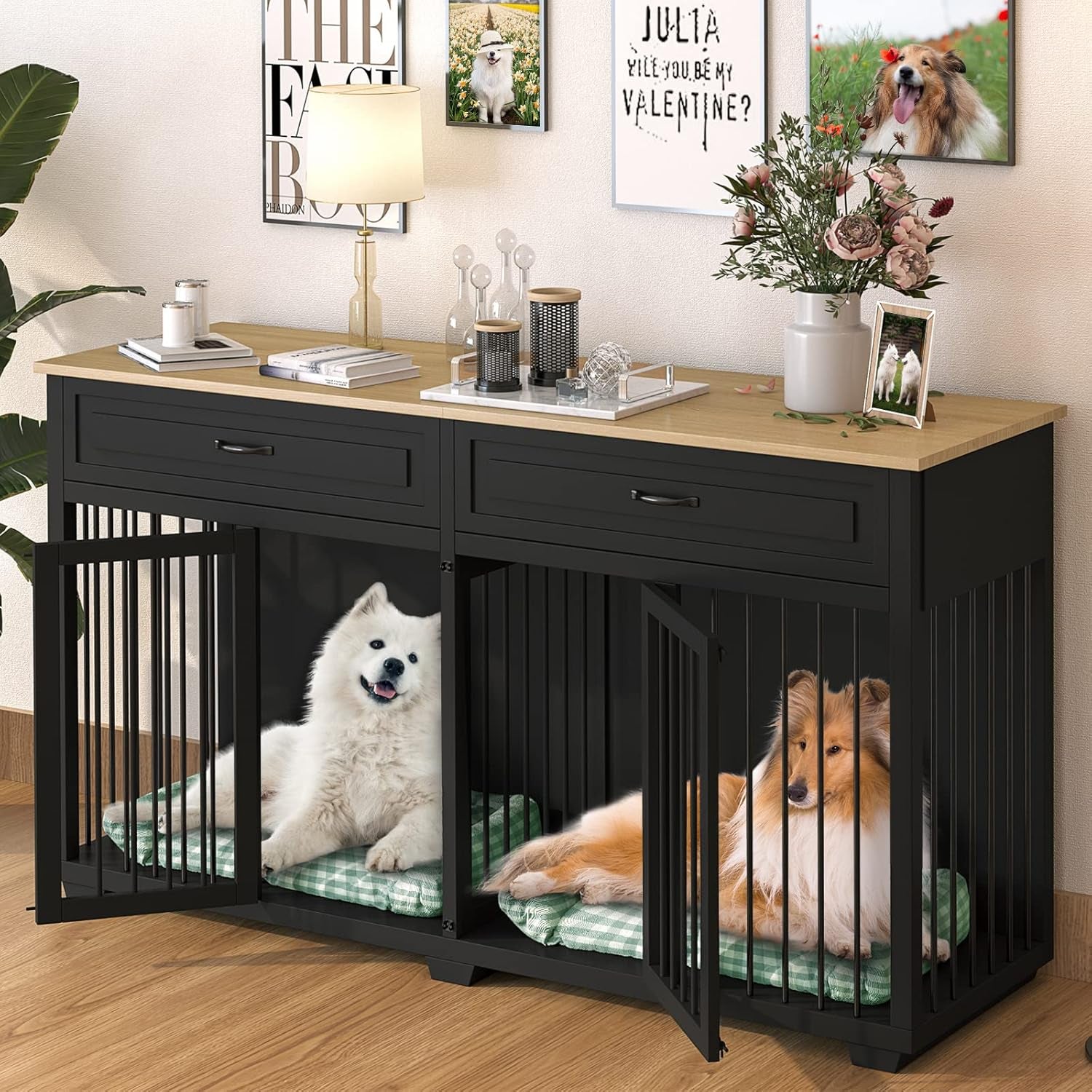 Dog Crate Furniture, 72.4 Inch Indoor Wooden Dog Kennel Cage House, Modern Decorative End Table with Double Doors, Drawers, Divider, for Large Medium Breeds, Black