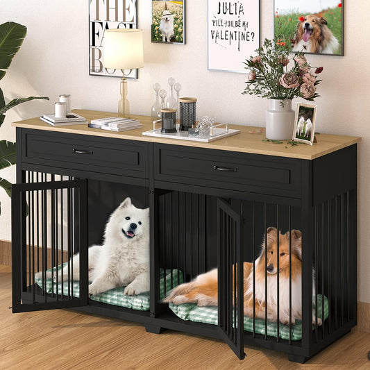 Dog Crate Furniture, 72.4 Inch Indoor Wooden Dog Kennel Cage House, Modern Decorative End Table with Double Doors, Drawers, Divider, for Large Medium Breeds, Black