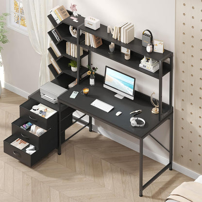 Reversible Computer Desk with Hutch, Home Office Desk with Drawers and Bookshelf, 52'' Study Writing Desk with Storage Shelves for Bedroom Home Office, Black