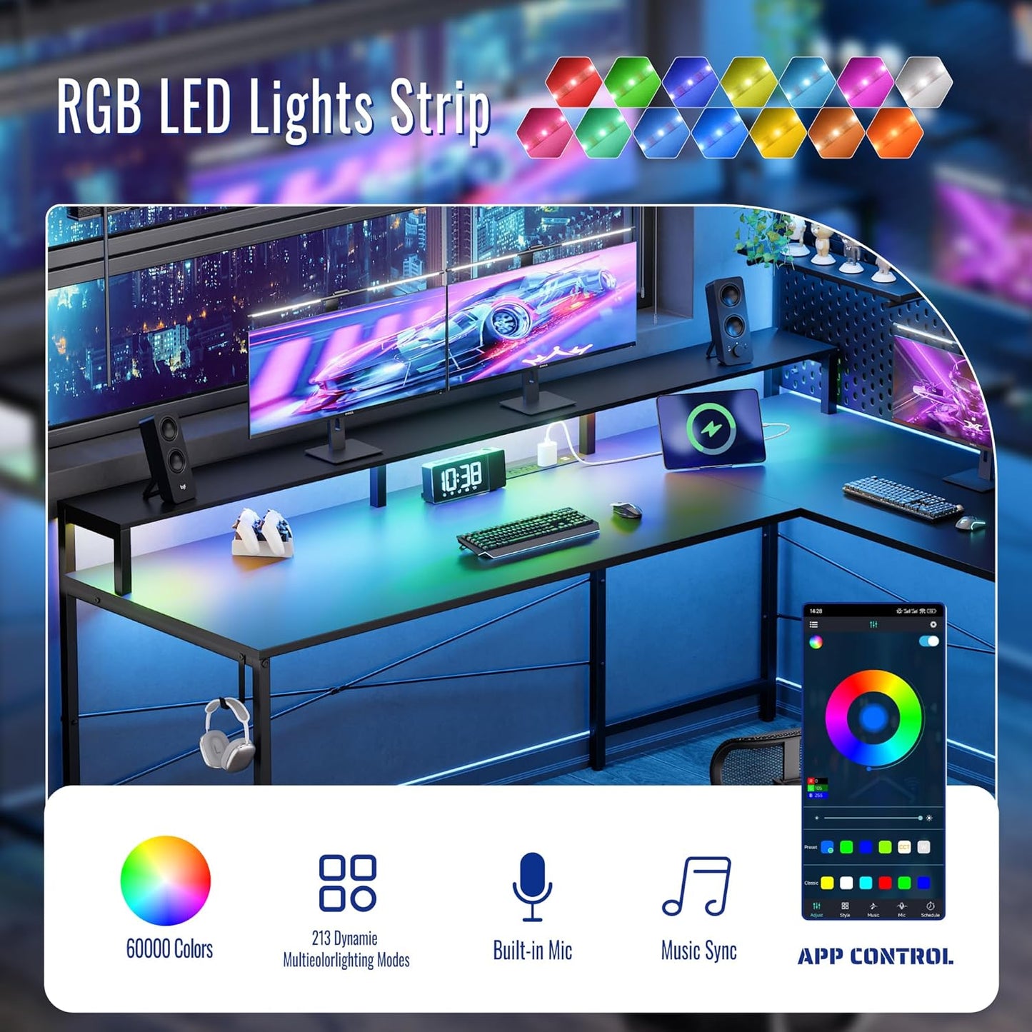 64 Inch L Shaped Gaming Desk with Power Outlets and Led Lights, Large Corner Computer Desk with Monitor Stand and Pegboard, PC Table for Home Office and Bedroom Black