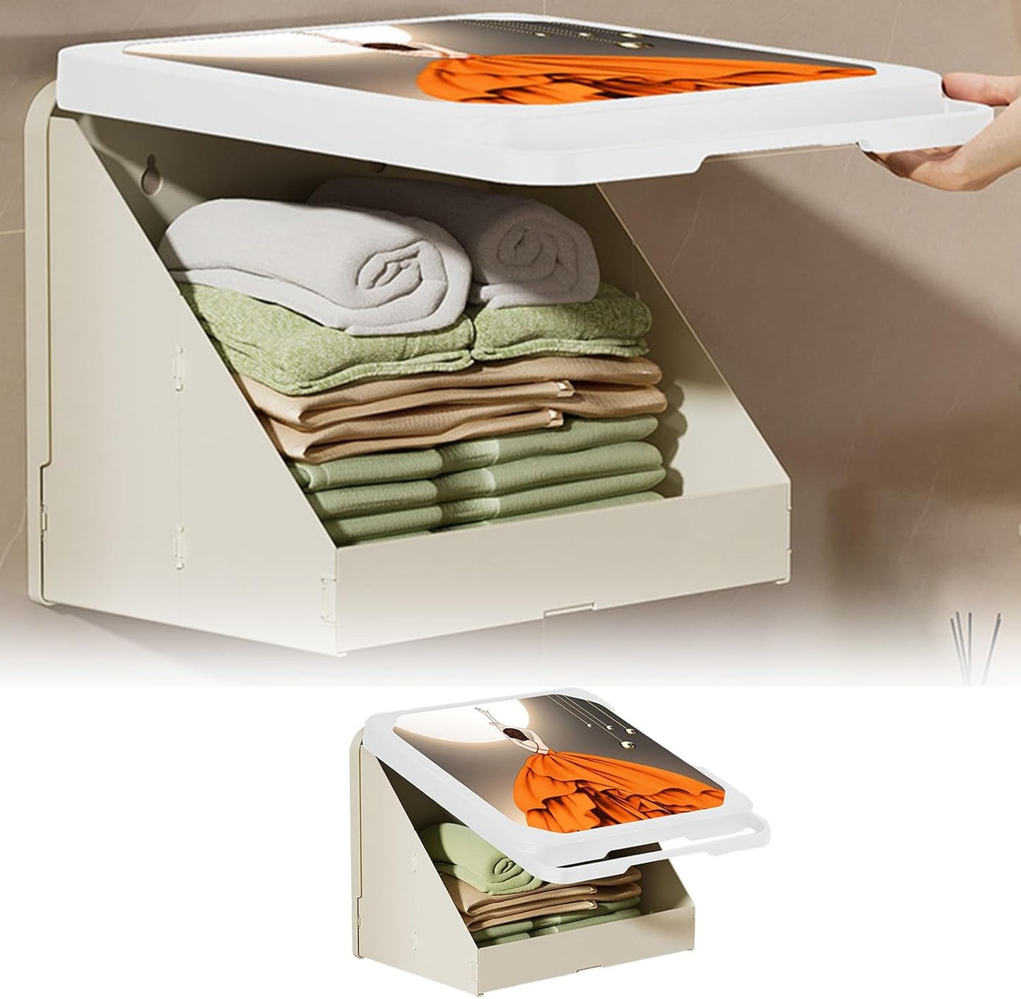 Clothes Folding Storage Box, Bathroom Mural Clothes Folding Storage Box, Waterproof Hanging Storage Organizer, No-Punch Wall Mounted Bathroom Shelves for College Dorm Laundry Kitchen Travel (White)