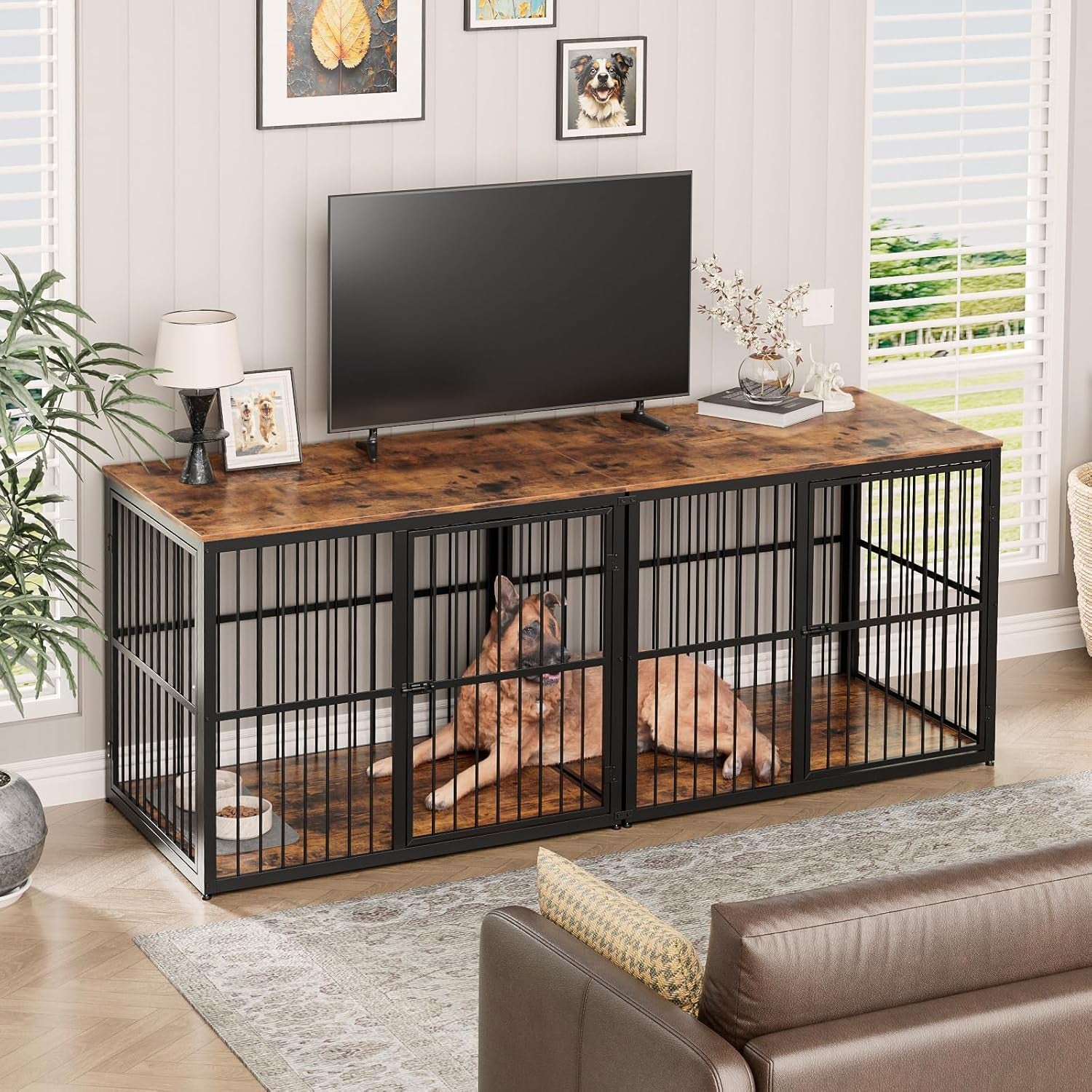 86'' Dog Crate Furniture Large Breed TV Stand for 2 Large Dogs, Double Wooden Crate Pet Cage with Removable Divider, Indoor Heavy Duty Kennel Corner End Table, Can Use Separately, Grey