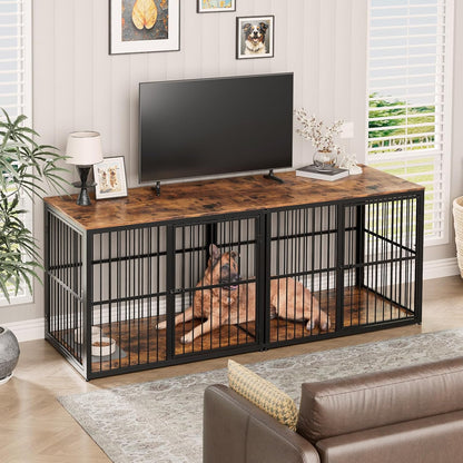 86'' Dog Crate Furniture Large Breed TV Stand for 2 Large Dogs, Double Wooden Crate Pet Cage with Removable Divider, Indoor Heavy Duty Kennel Corner End Table, Can Use Separately, Brown