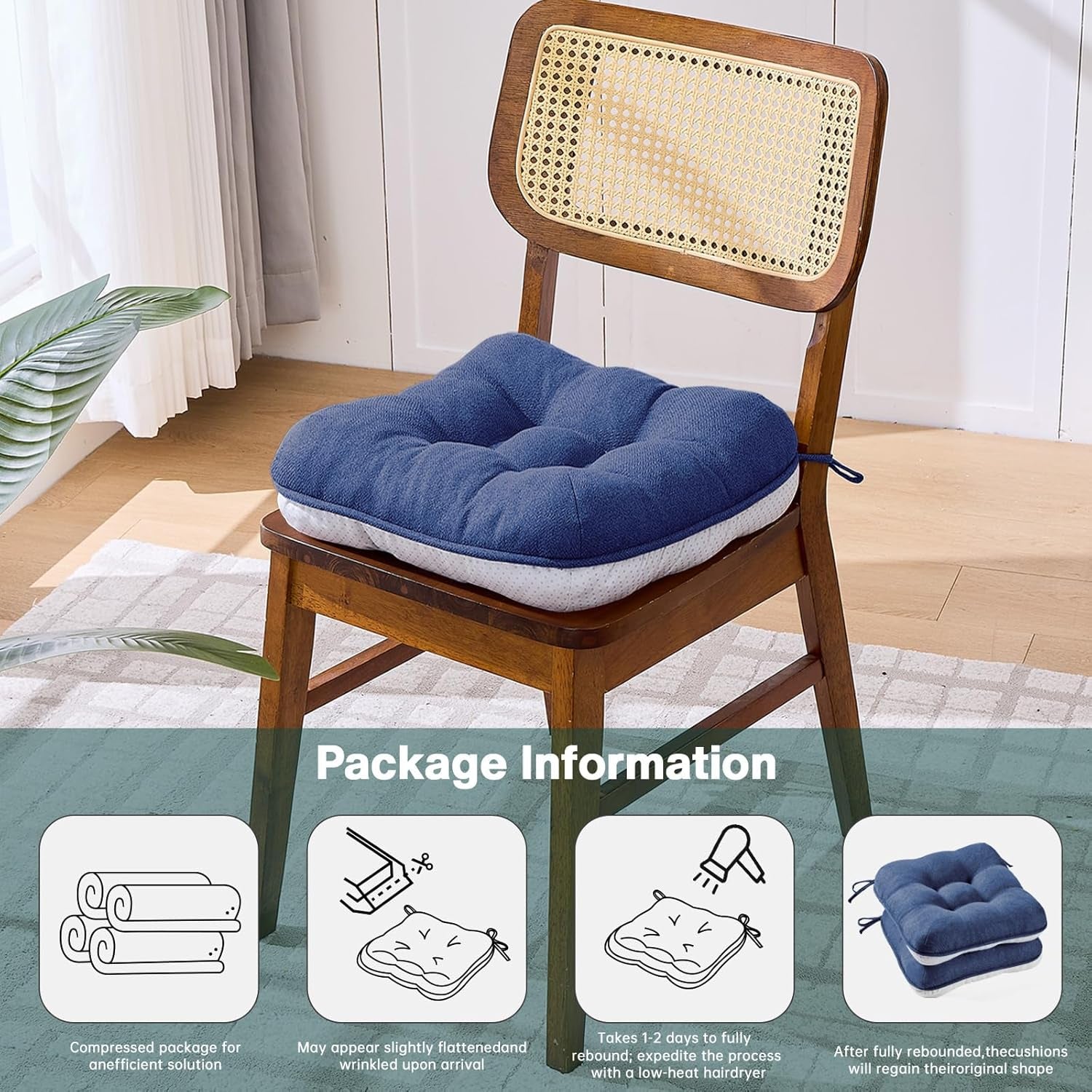 Chair Cushions for Dining Chairs Set of 4,3.5" Thick Kitchen Table Chair Pads with Ties,Non Slip Backing and Covers, Seat Cushion for Dining Room,Bar,Patio Chairs,16"X16"X3.5",Navy Blue