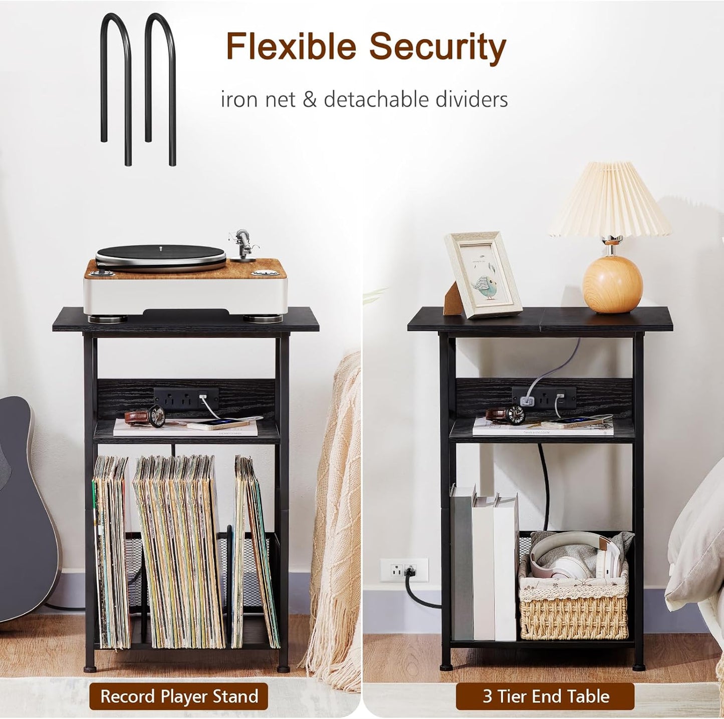 Record Player Stand with Charging Station, Large Turntable Stand with Storage Cabinet, 3 Tier End Table Hold up to 100 Albums, Record Stand for Vinyl, Living Room, Black, HETCD012BK-1