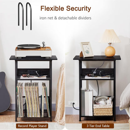 Record Player Stand with Charging Station, Large Turntable Stand with Storage Cabinet, 3 Tier End Table Hold up to 100 Albums, Record Stand for Vinyl, Living Room, Black, HETCD012BK-1