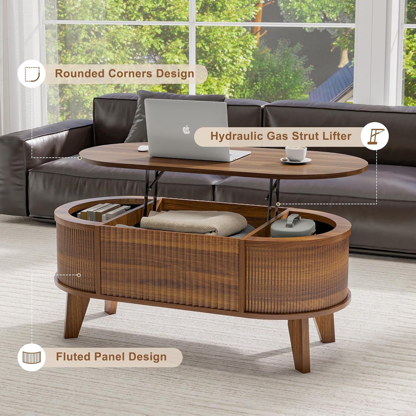 Fluted Lift Top Coffee Table with Storage,Modern Oval Coffee Table for Living Room or Home Office（Walnut）