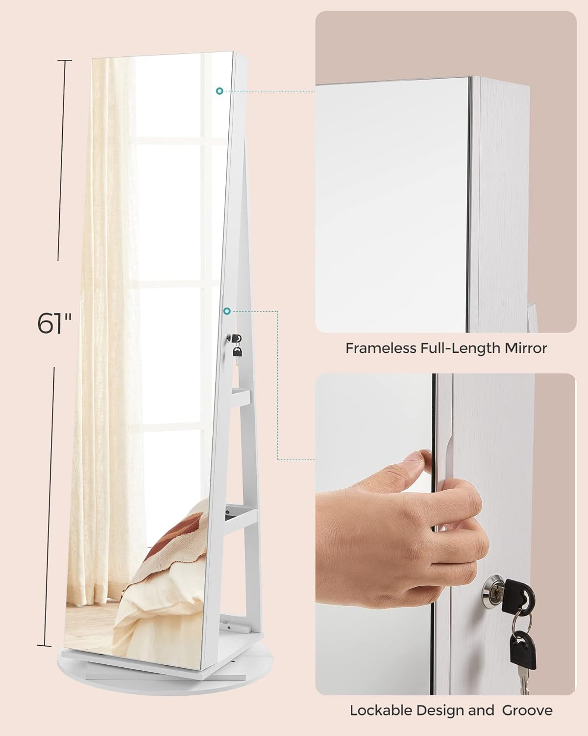 6 Leds Lockable Mirror Jewelry Cabinet, 360° Swivel Jewelry Organizer Armoire Standing, Frameless Full-Length Mirror, 3 Storage Shelves, White Surface, Black Lining UJJC007W01