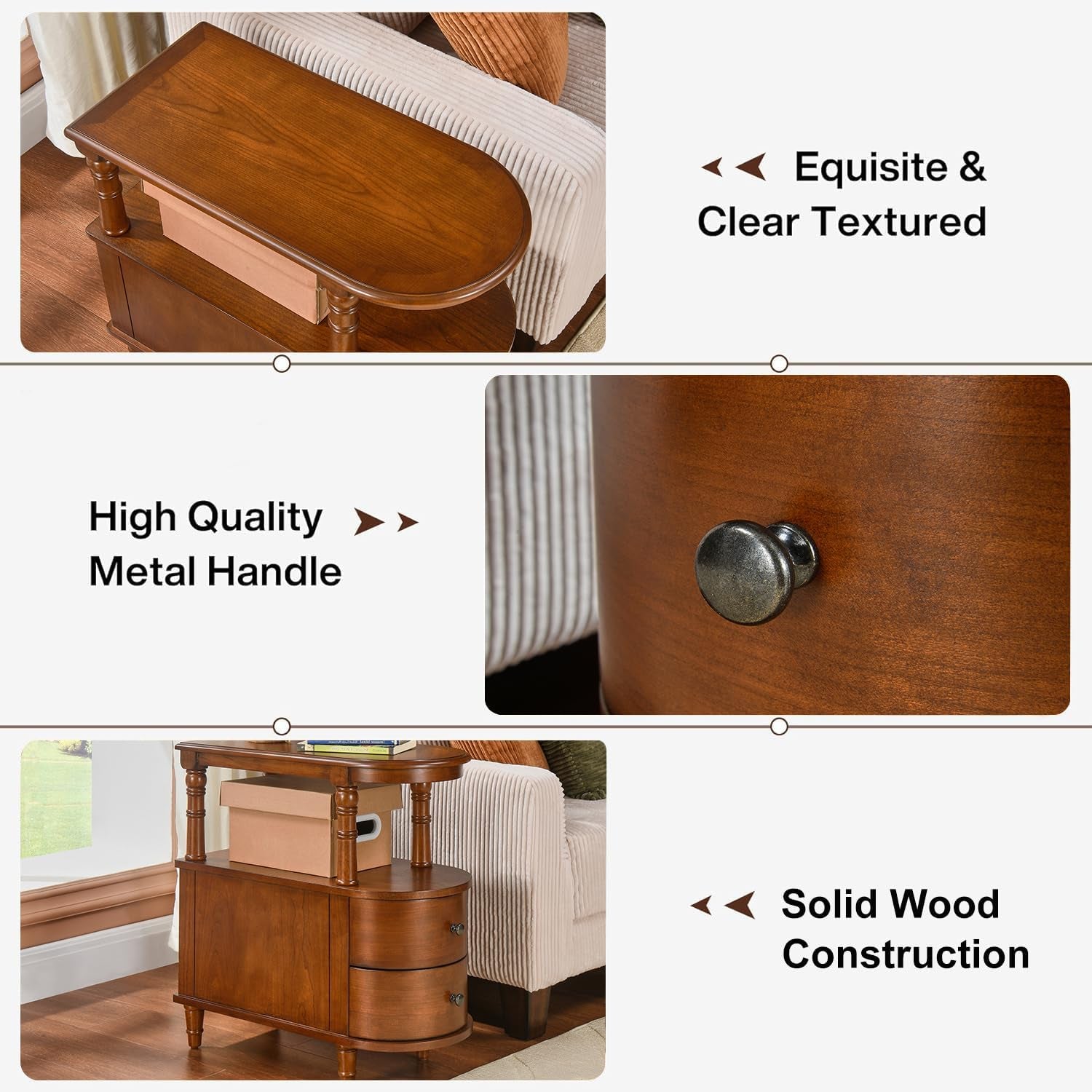Solid Wood End Table with 2 Drawers, Narrow Sofa Side Table Slim Chair Side Table with Storage Shelf, Vintage Slim Nightstand Bedside Table, Beewax Tone，Bg-A508-Mg
