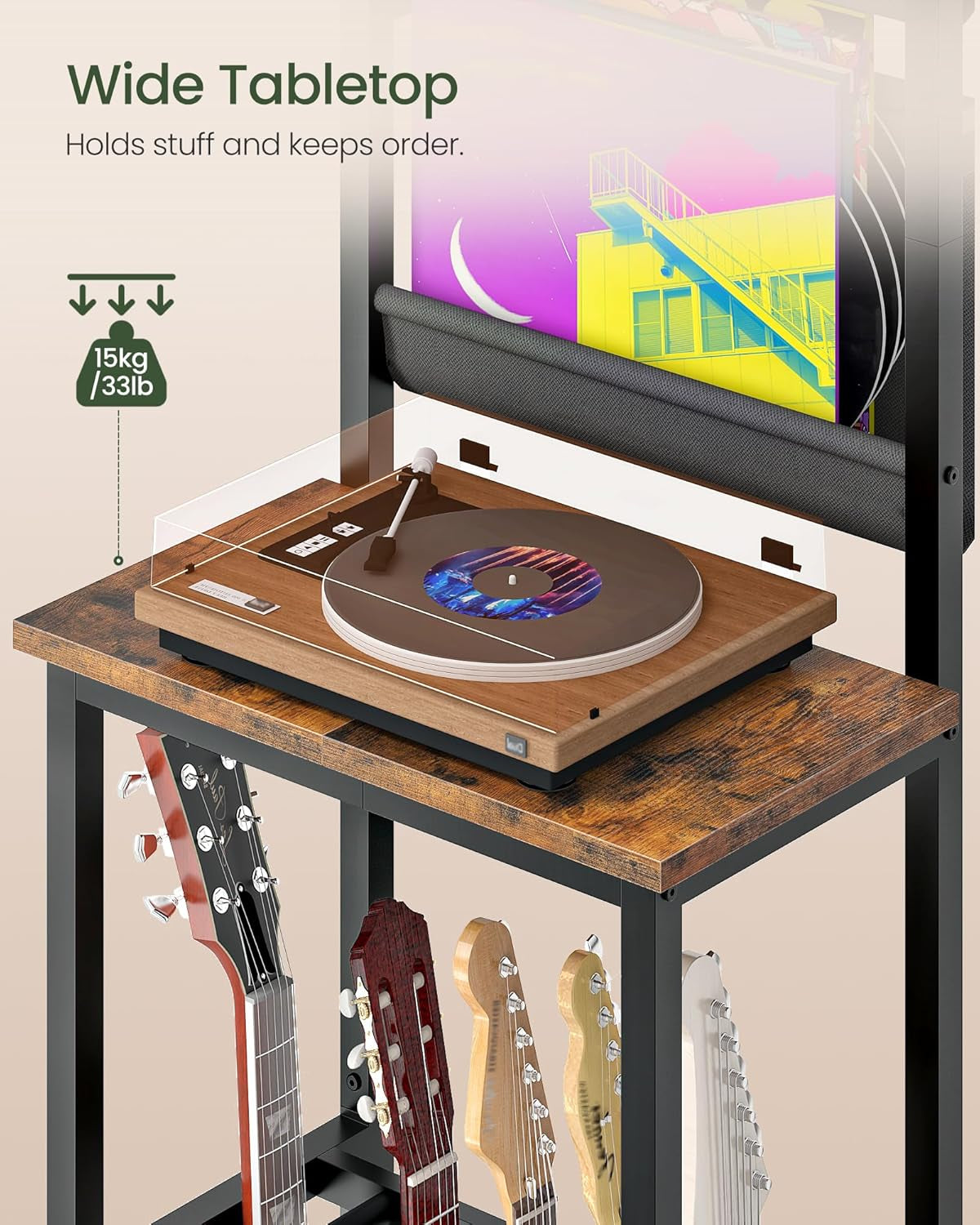 70.5"H Multi Guitar Stand, Guitar Rack Record Player Stand Sturdy and Space-Saving, Guitar Display Holds 6 Instruments, Retro Industrial Style, for Home, Studio, Rustic Brown and Black TCJ18BF