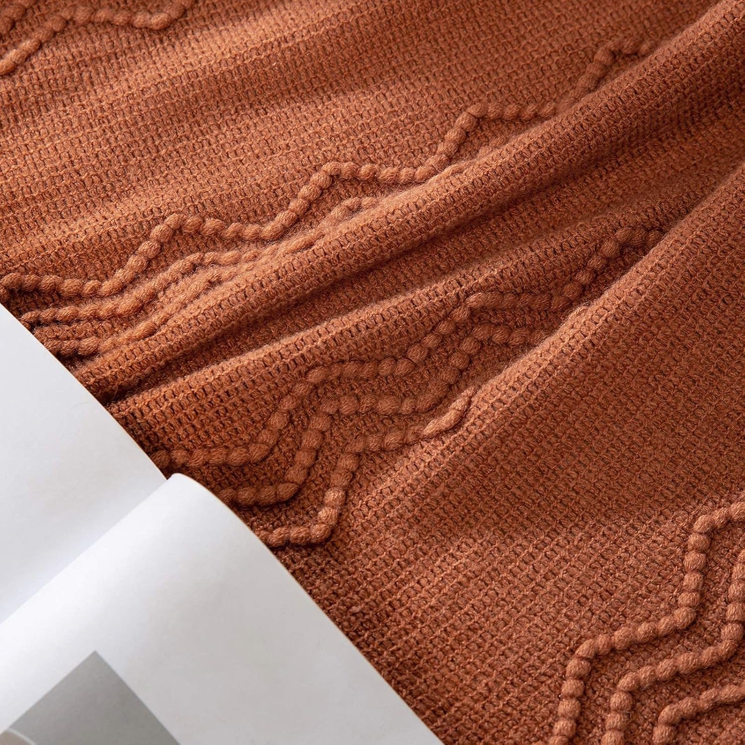 Knitted Boho Throw Blanket for Couch Textured Knit Terracotta Rust Blanket with Tassels Cozy Woven Farmhouse Blanket for Sofa Bed Chair Wave Pattern Fall Decor 50"X60", Orange