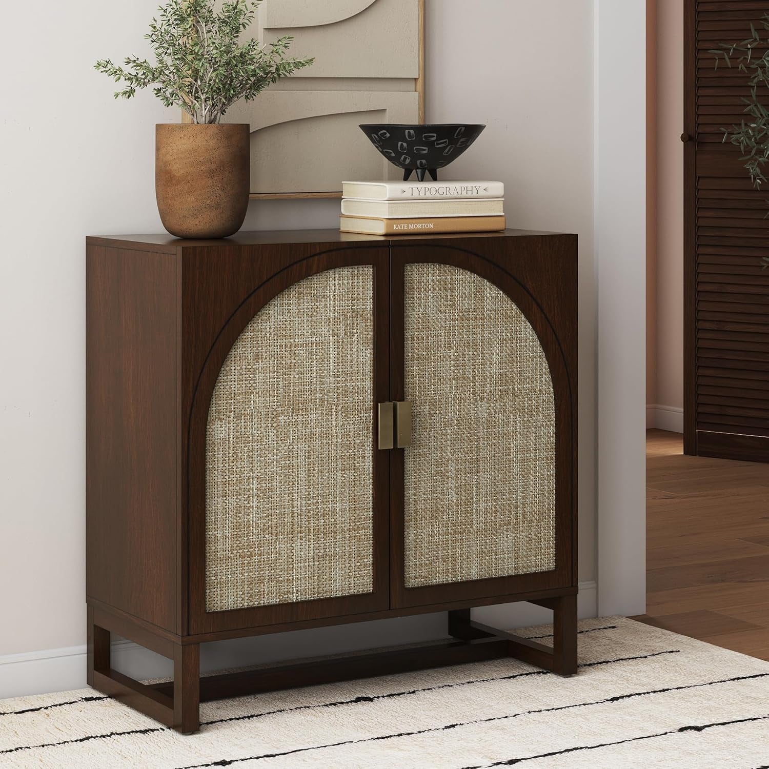 Paxton Boho Wood Storage Cabinet with Doors, Small Storage Cabinet for Living Room or Kitchen with Rattan Door Details, Dark Walnut
