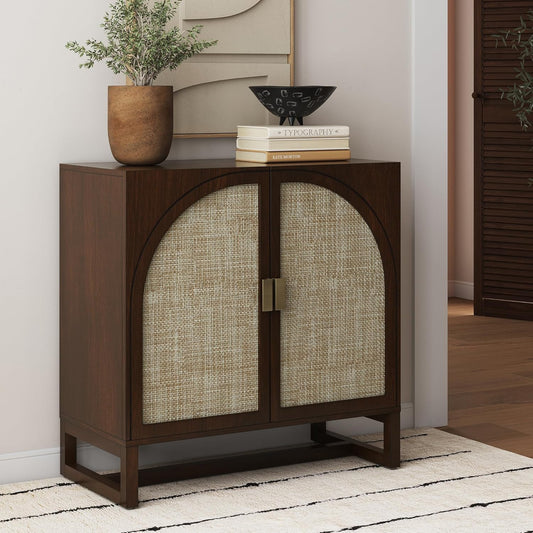 Paxton Boho Wood Storage Cabinet with Doors, Small Storage Cabinet for Living Room or Kitchen with Rattan Door Details, Dark Walnut