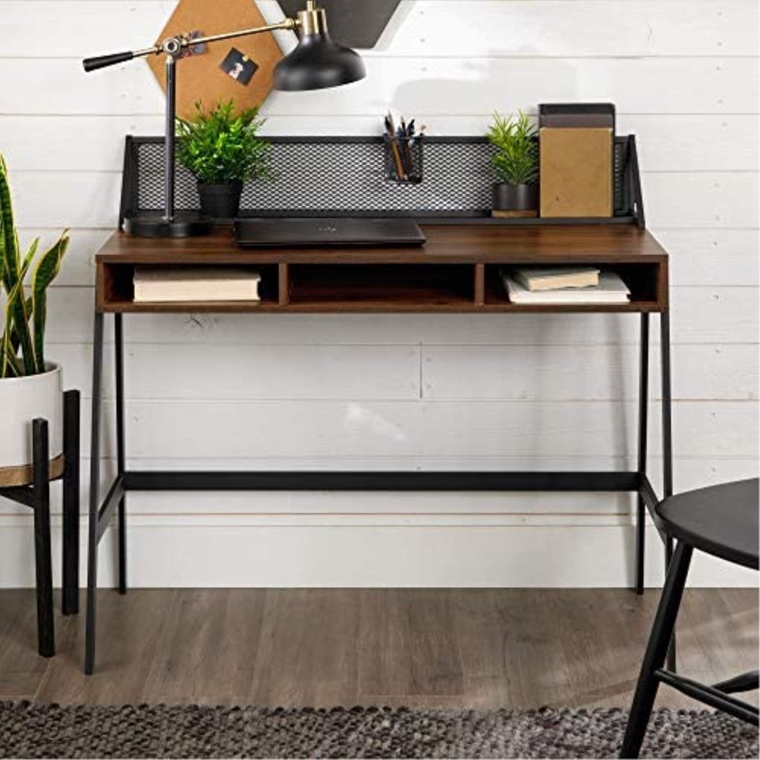 Industrial Mesh Wood Laptop Computer Writing Desk Home Office Workstation Small, 42 Inch, Dark Walnut