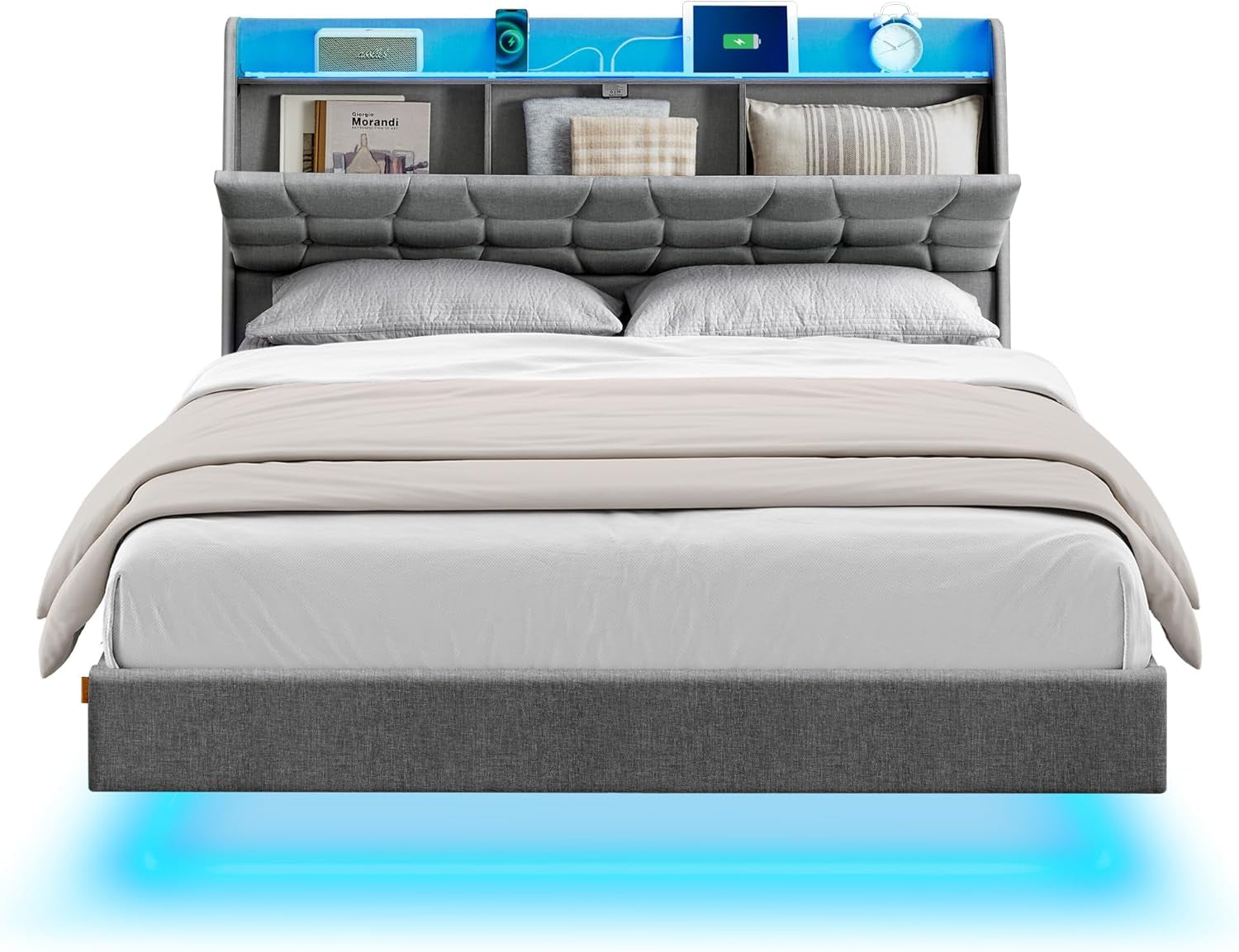 Queen Size Floating Bed Frame with LED Lights, Queen Bed Frame with Charging Station, Tufted Storage Headboard, Upholstered Platform Bed Frame, No Box Spring Needed, Light Gray URMB851G01