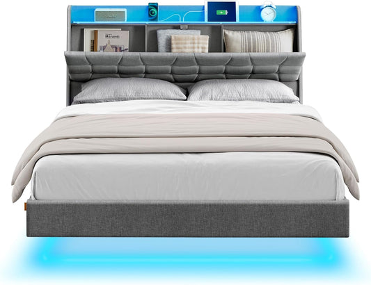 Queen Size Floating Bed Frame with LED Lights, Queen Bed Frame with Charging Station, Tufted Storage Headboard, Upholstered Platform Bed Frame, No Box Spring Needed, Light Gray URMB851G01