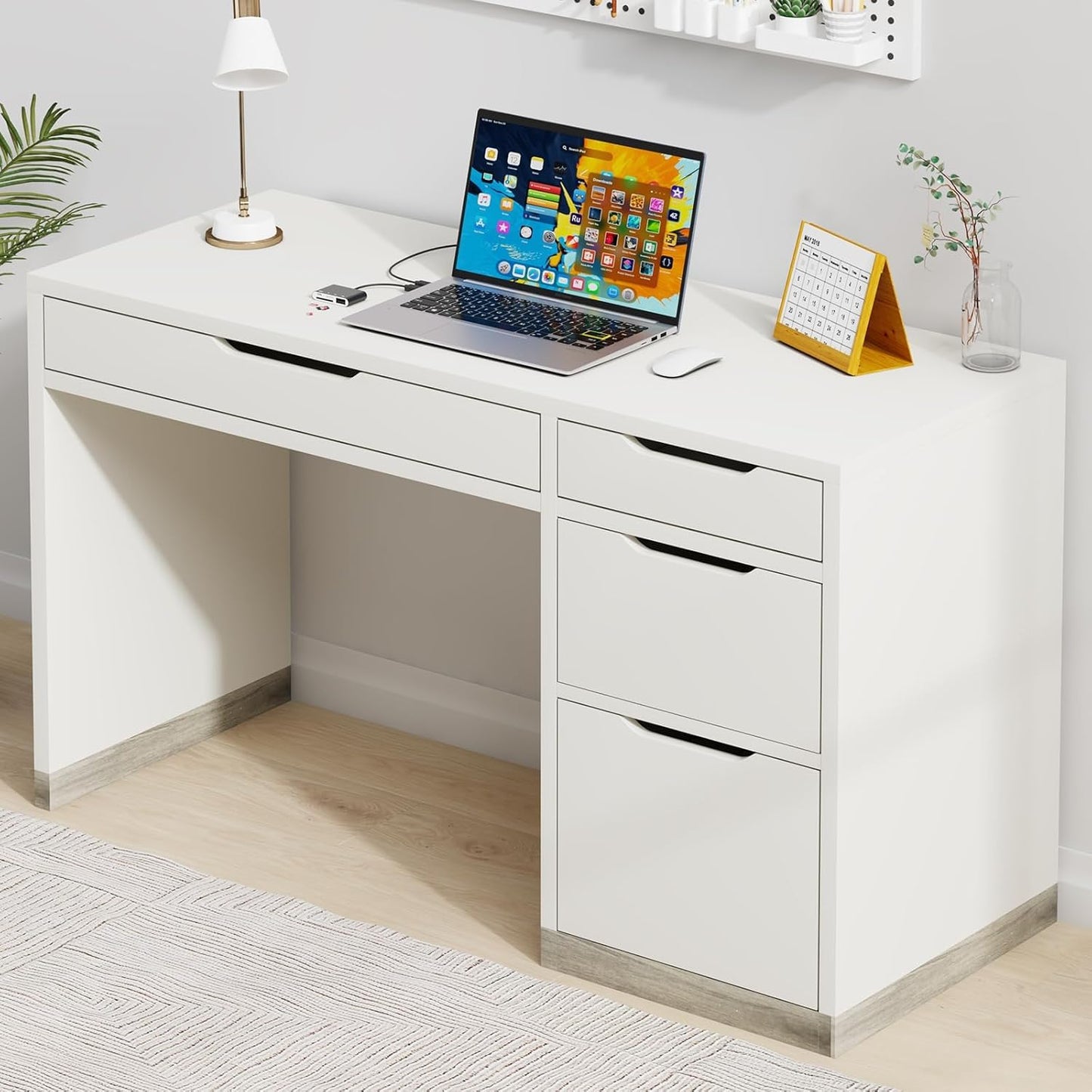 52 Inch White Desk with 4 Drawers, Computer Desk with Storage for Small Spaces with Storage File Cabinet, Small Home Office Desk with Drawers for Bedroom