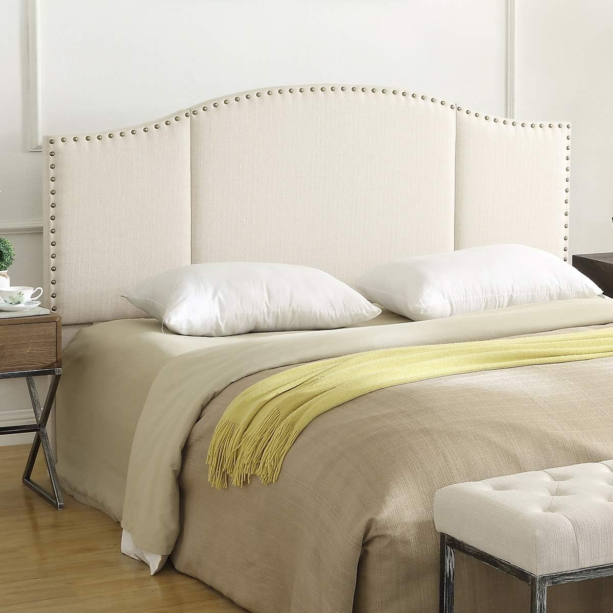 Middle Century Linen Upholstered Tufted King Size Headboard with Antique Brass Nail Heads Trim King/California King Headboard-Ivory