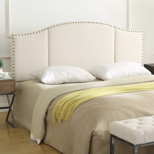 Middle Century Linen Upholstered Tufted King Size Headboard with Antique Brass Nail Heads Trim King/California King Headboard-Ivory