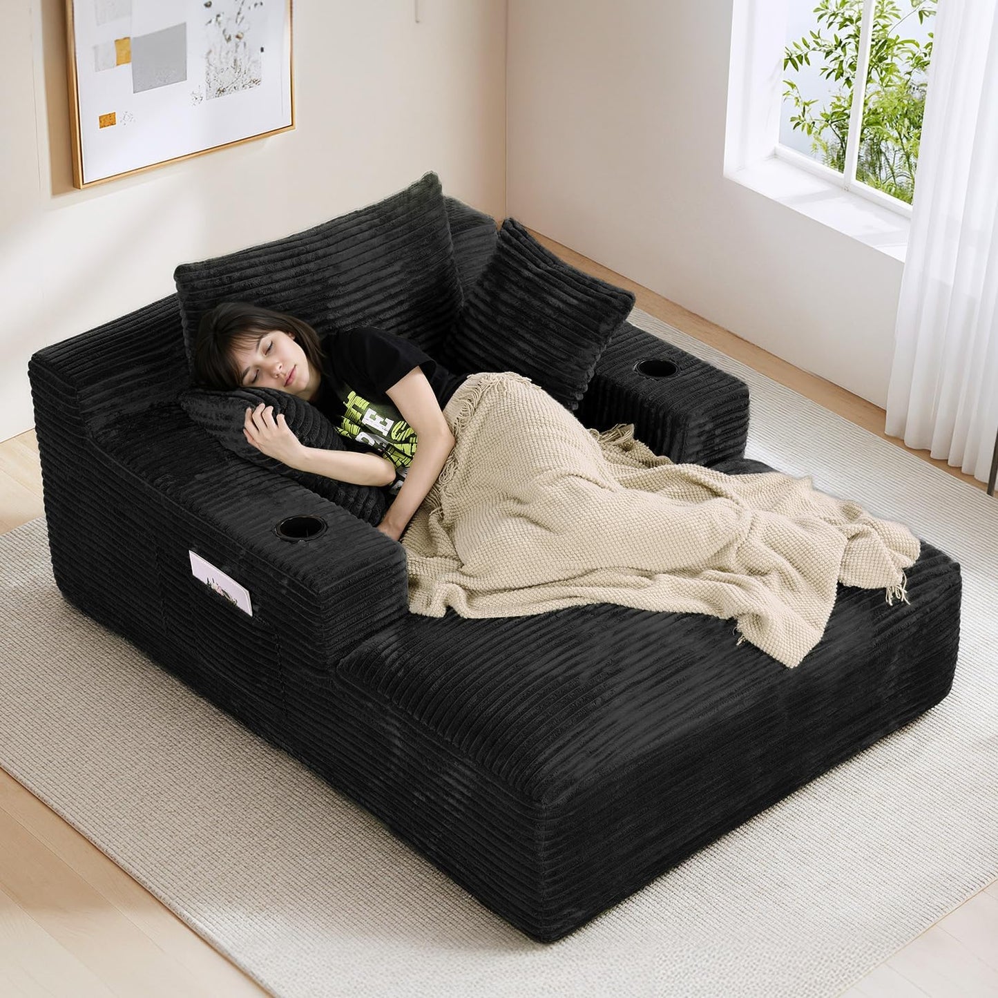 50"W X 68"D Oversized Chaise Lounge Chair Indoor Boneless Reading Chair Plush Corduroy Recliner with Cup Holders Large Deep Seat Comfy Sofa Bed Couch with 3 Pillows for Living Room Bedroom, Black