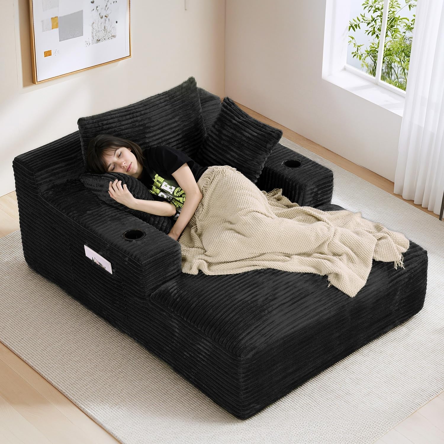 50"W X 68"D Oversized Chaise Lounge Chair Indoor Boneless Reading Chair Plush Corduroy Recliner with Cup Holders Large Deep Seat Comfy Sofa Bed Couch with 3 Pillows for Living Room Bedroom, Black