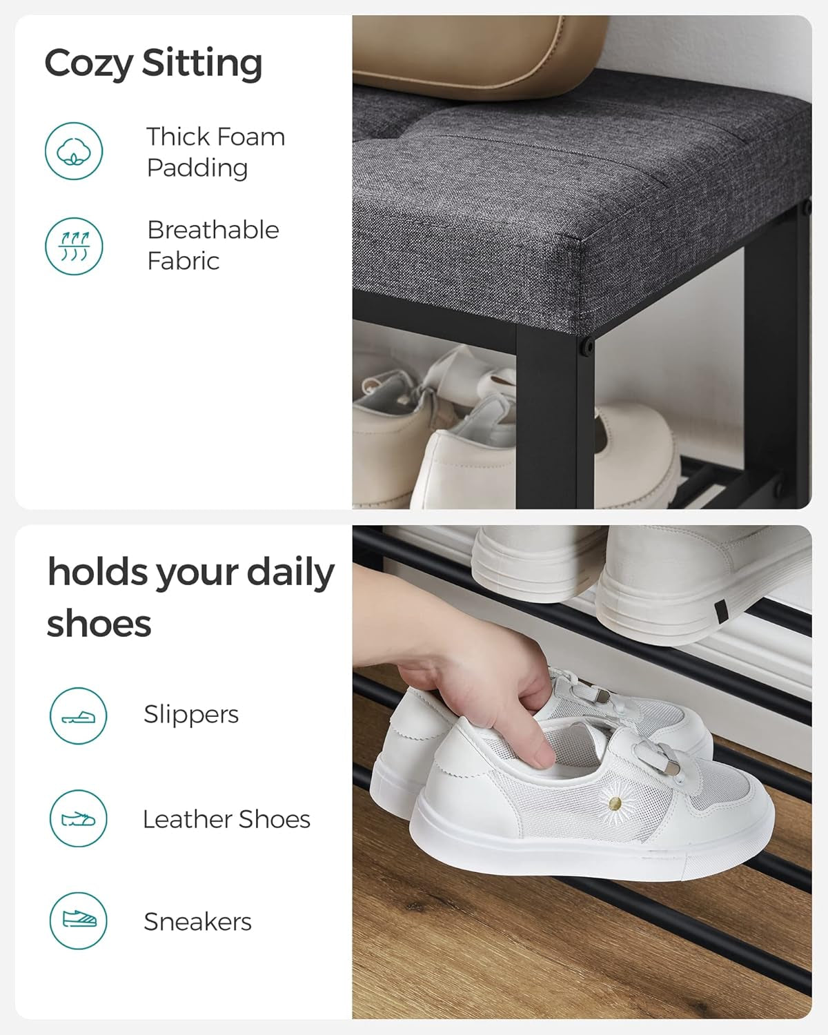 Shoe Bench, Storage Bench, Entryway Bench with Cushion, Shoe Shelf with Seat, Space-Saving, Modern Style, for Living Room, Bedroom, Hallway, Dark Gray and Ink Black ULBS57GYZ