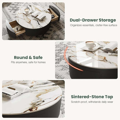 Modern Drum Coffee Table with Storage, Sintered Stone Top round Coffee Table with Drawers, Oak Veneer, Fully Assembled, 39.37"