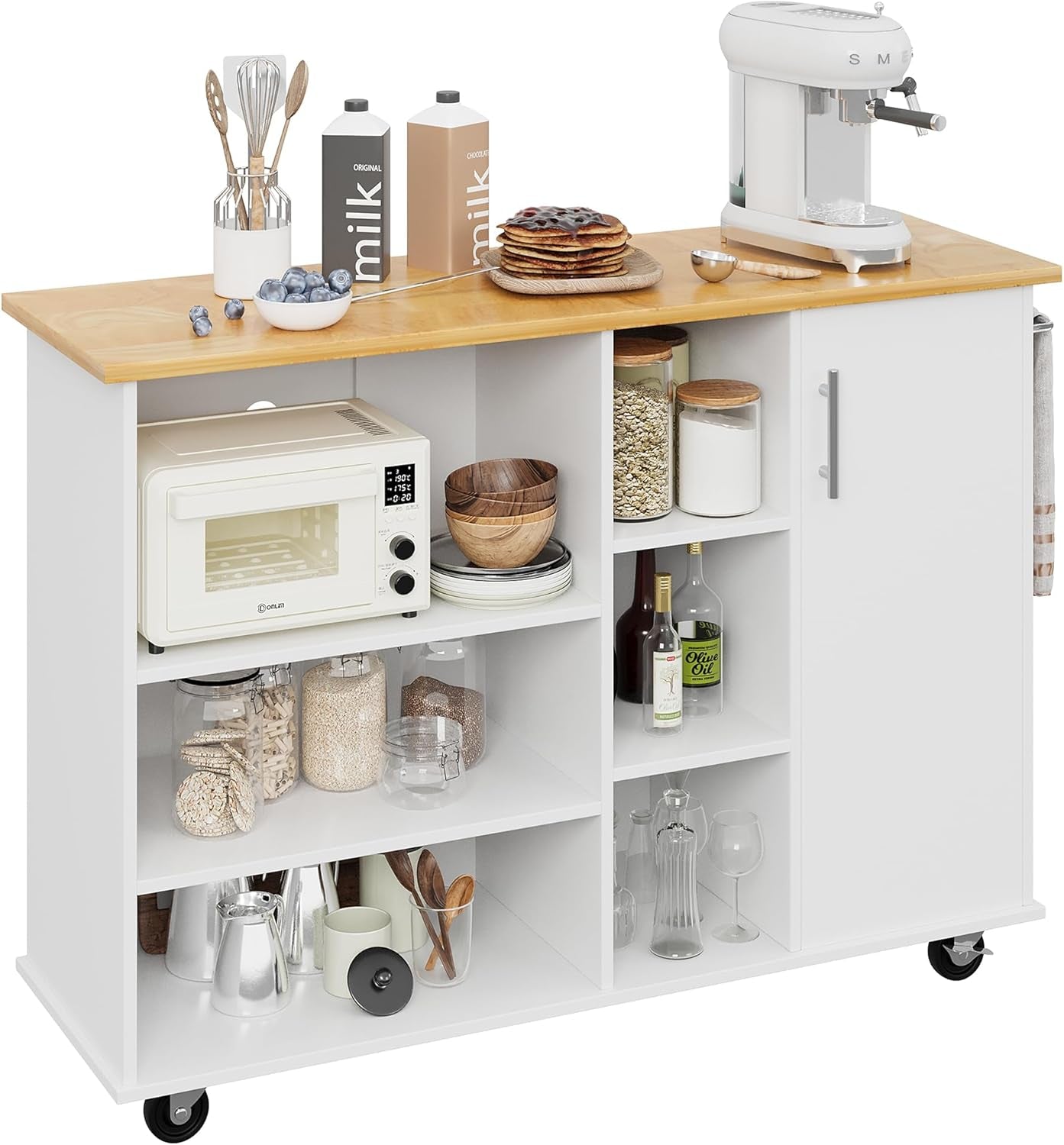 47”W Kitchen Storage Island Cart with 6 Open Shelves and 1 Cabinet, Portable Trolley Cart with Wood Work Top and Handle/Towel Rack, White