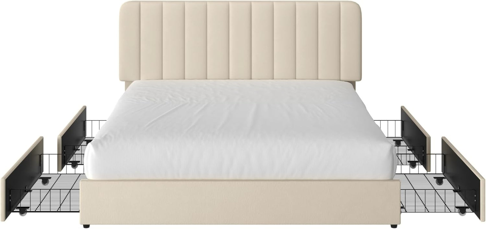 Queen Size Upholstered Bed Frame with 4 Drawers and Headboard, Velvet Platform Storage Bedframe, Wooden Slats Support, No Box Spring Needed, Beige